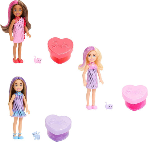 Barbie Party Unboxed Chelsea Doll Set, Glam Party Series with 6 Surprises Including Pet & Color Change JFY04
