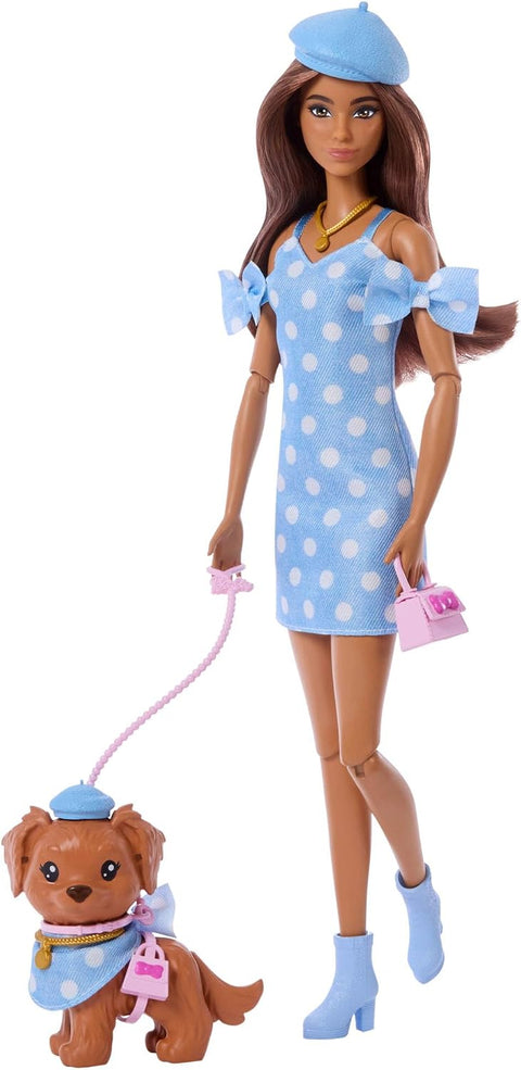 Barbie Twinning Looks Fashion Doll With Pet Dog, Matching Blue Clothes & Accessories, Brunette JFP38