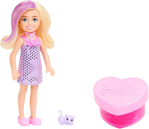 Barbie Party Unboxed Chelsea Doll Set, Glam Party Series with 6 Surprises Including Pet & Color Change JFY04