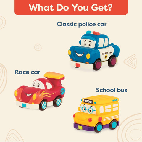 B. Mini Wheeee-ls! Bus, Racer, Police Car Pull-Back Cars