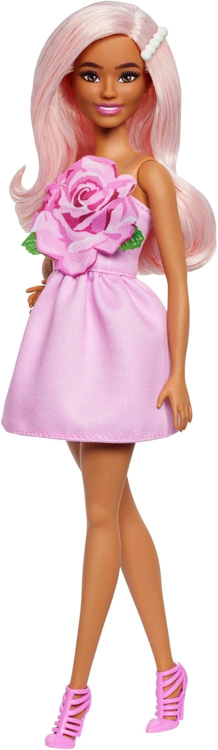 Barbie Fashionistas Doll #238 in Strapless Rose Dress, Pink Hair With Barrette Accessory HYT94