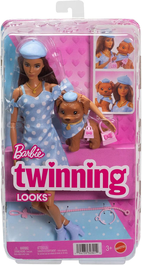 Barbie Twinning Looks Fashion Doll With Pet Dog, Matching Blue Clothes & Accessories, Brunette JFP38