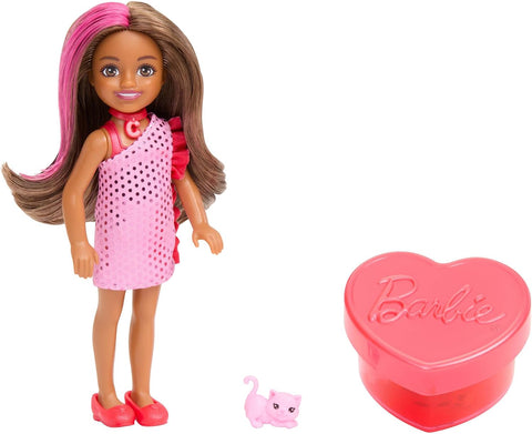 Barbie Party Unboxed Chelsea Doll Set, Glam Party Series with 6 Surprises Including Pet & Color Change JFY04