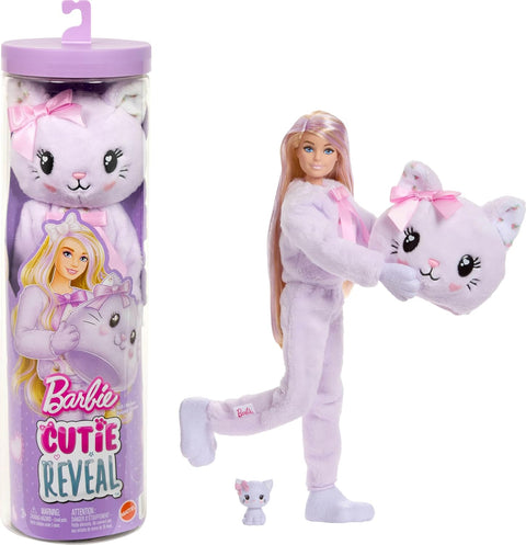 Barbie Cutie Reveal Doll & Accessories, Cuddly Series Kitten With 10 Surprises JJP64