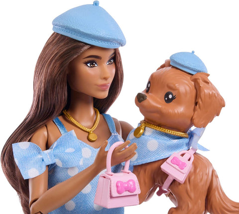 Barbie Twinning Looks Fashion Doll With Pet Dog, Matching Blue Clothes & Accessories, Brunette JFP38