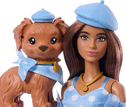Barbie Twinning Looks Fashion Doll With Pet Dog, Matching Blue Clothes & Accessories, Brunette JFP38