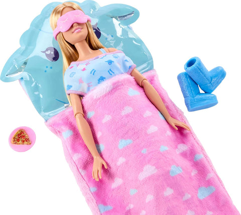 Barbie Party Unboxed Sleepover Reveal Series Blue Pajama Doll & Accessories With 7 Surprises JMR88