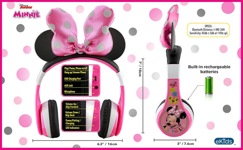 KIDDESIGNS Minnie Mouse Youth Wireless Headphones With Bow