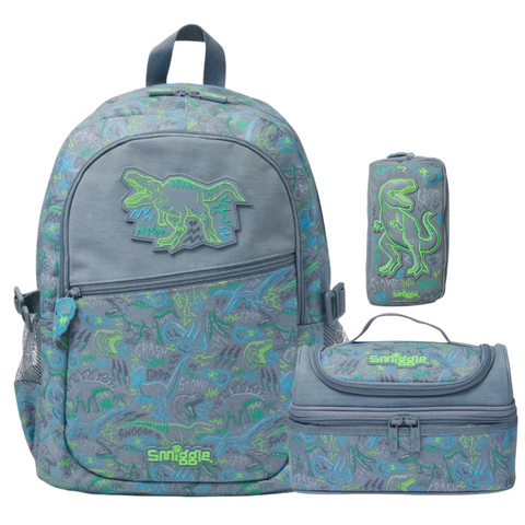 Smiggle Super Charge Dinosaur Classic Attachable Backpack 42cm School Set