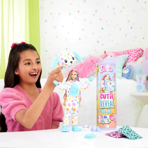 Barbie Cutie Reveal Doll & Accessories with Rainbow Dalmatian Plush Costume & 10 Surprises