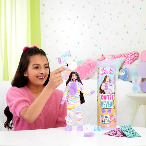 Barbie Cutie Reveal Doll & Accessories with Rainbow Zebra Plush Costume & 10 Surprises HRK37