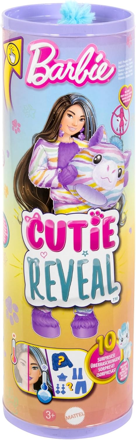Barbie Cutie Reveal Doll & Accessories with Rainbow Zebra Plush Costume & 10 Surprises HRK37