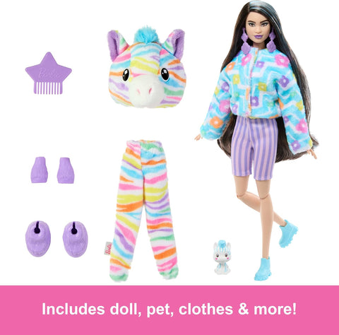Barbie Cutie Reveal Doll & Accessories with Rainbow Zebra Plush Costume & 10 Surprises HRK37