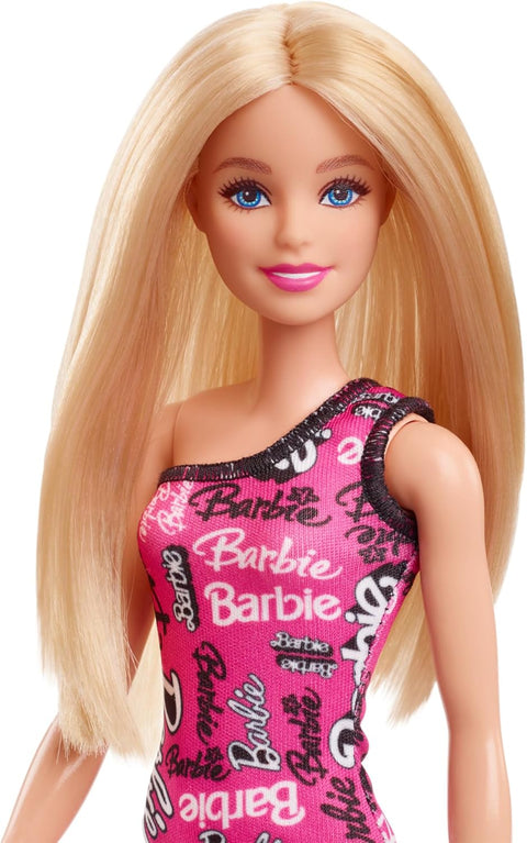 Barbie Fashion Doll With Straight Blonde Hair Wearing Removable Pink Dress & Shoes With Logo Print