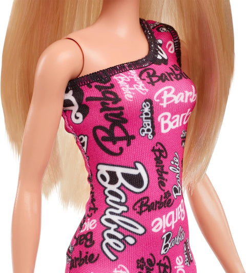 Barbie Fashion Doll With Straight Blonde Hair Wearing Removable Pink Dress & Shoes With Logo Print
