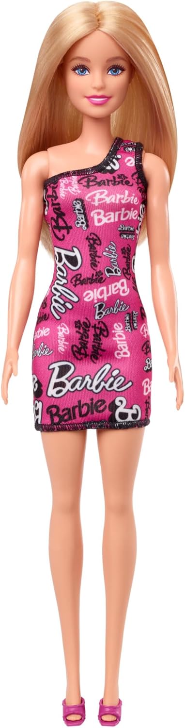 Barbie Fashion Doll With Straight Blonde Hair Wearing Removable Pink Dress & Shoes With Logo Print