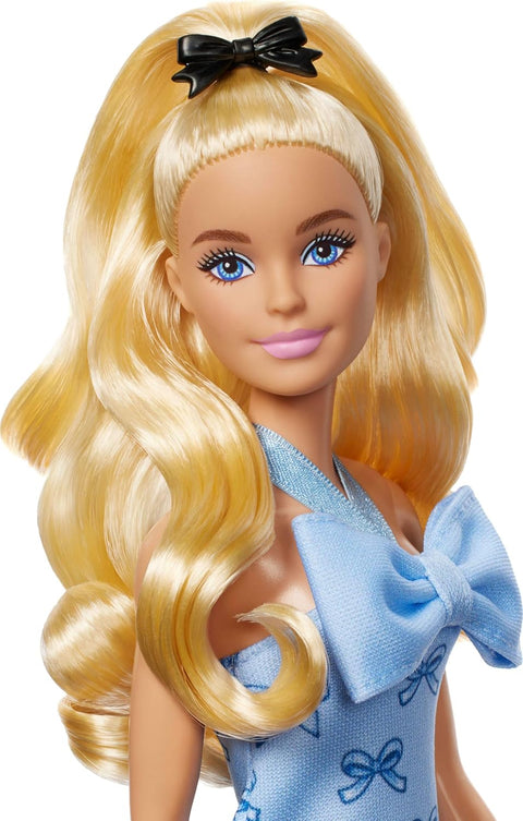 Barbie Fashionistas Doll #237 in Blue Bow Halter Dress, Blonde Ponytail With Bow Accessory