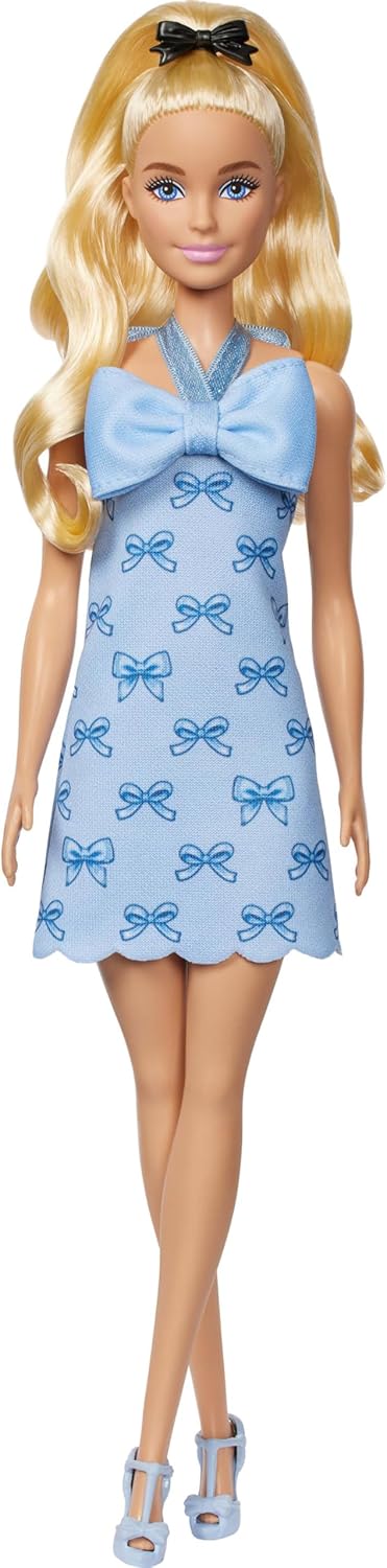 Barbie Fashionistas Doll #237 in Blue Bow Halter Dress, Blonde Ponytail With Bow Accessory