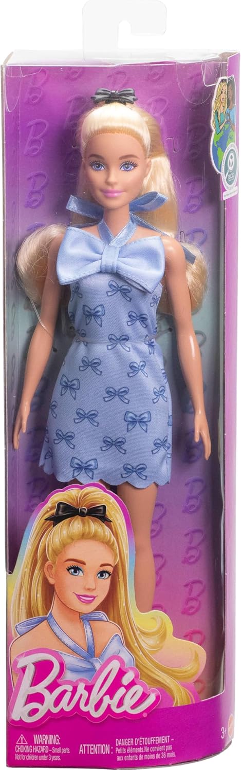 Barbie Fashionistas Doll #237 in Blue Bow Halter Dress, Blonde Ponytail With Bow Accessory
