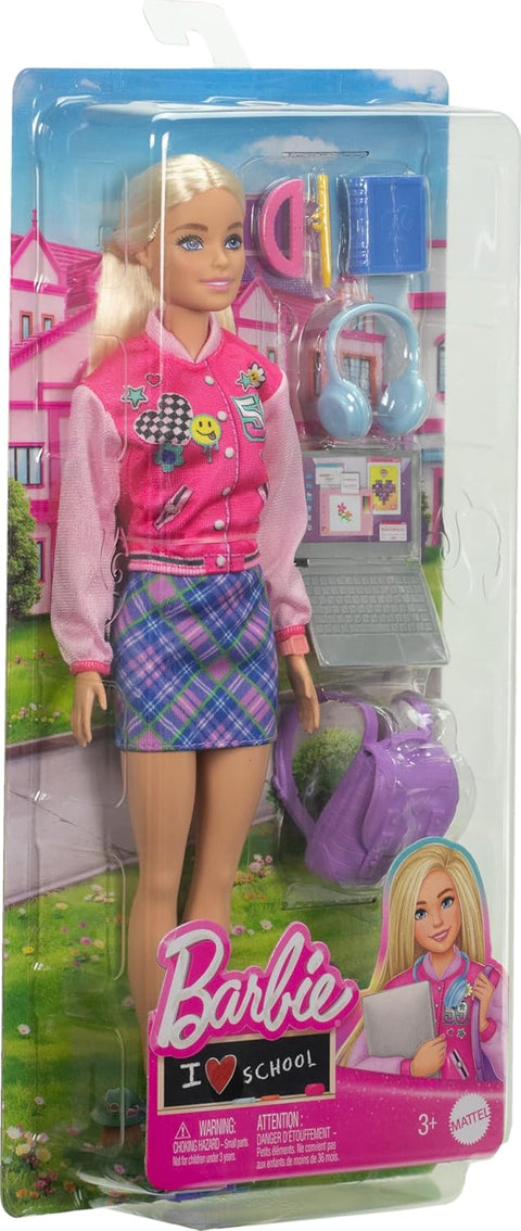 Barbie I Love School With & 7 Accessories, Blonde Fashion Doll Wears Removable Look