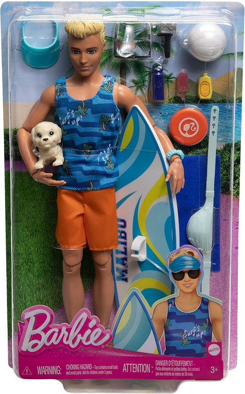 Barbie Ken Doll With Surfboard, Poseable Blonde Barbie Ken Beach Doll