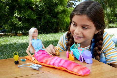 Barbie “Malibu” Camping Doll with Pet Puppy and 10+ Accessories