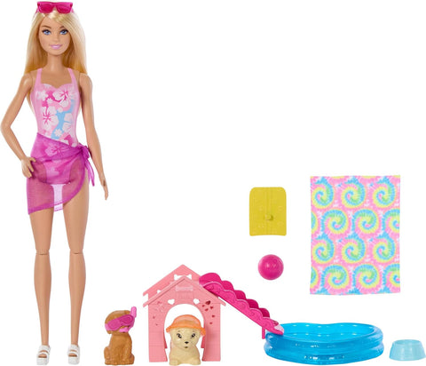 Barbie Puppy Pool Party Playset With Doll, Pool, Doghouse & Slide, 2 Pet Figures & 6 Accessories