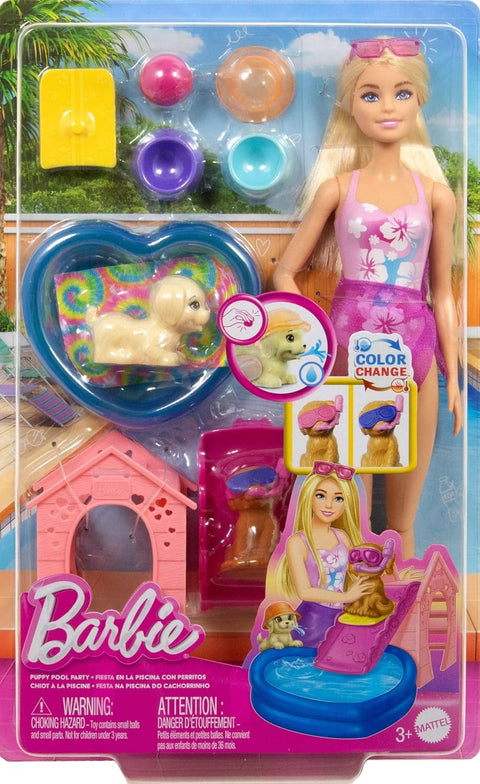 Barbie Puppy Pool Party Playset With Doll, Pool, Doghouse & Slide, 2 Pet Figures & 6 Accessories