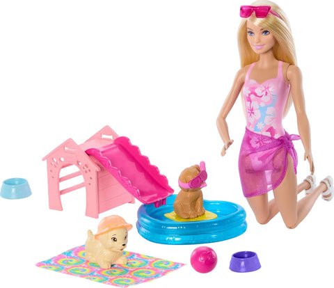 Barbie Puppy Pool Party Playset With Doll, Pool, Doghouse & Slide, 2 Pet Figures & 6 Accessories