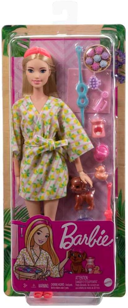 Barbie Self-Care Spa Day Possible Doll in Bathrobe With Puppy And Accessories