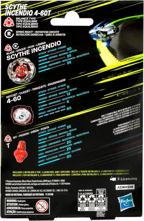 Beyblade X Scythe Incendio 4-60T Starter Pack Set with Balance Type Top & Launcher
