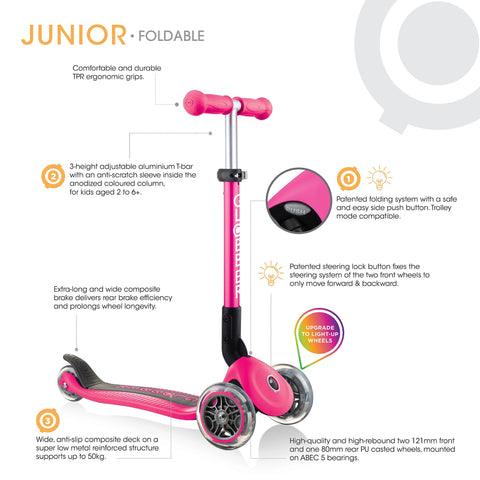 Globber Junior Foldable Lights 3-Wheel Light Up Scooter Neon Pink 2-6 Years