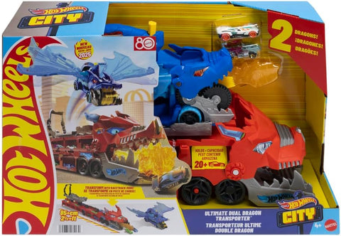 Hot Wheels City Hot Wheels Ultimate Dual Dragon Transporter & 2 1:64 Scale Cars