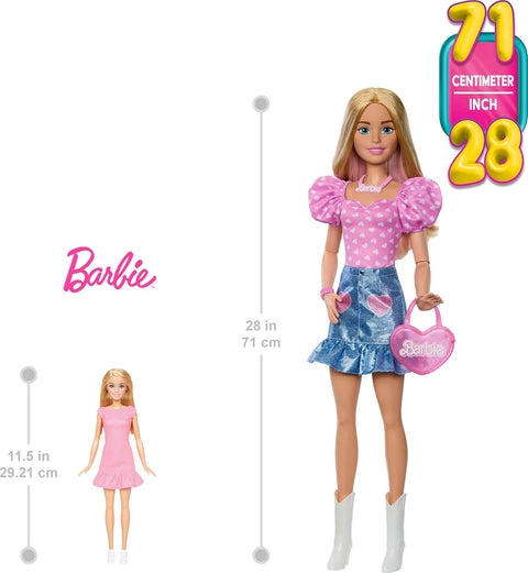 Large Barbie Doll, 28 Inches Blonde with Removable Fashions, Pink Top, Denim Skirt, & Cowboy Boots