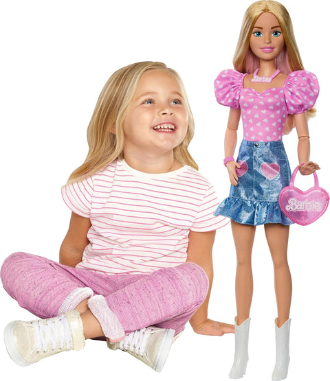 Large Barbie Doll, 28 Inches Blonde with Removable Fashions, Pink Top, Denim Skirt, & Cowboy Boots