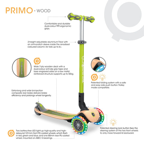 Globber Primo Foldable Wood Lights Wooden Scooter 3-7 Years