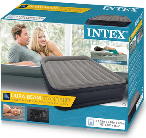 Intex Queen Deluxe Raised Air Mattress Light Grey with Built-In-Pump 203x152x42cm