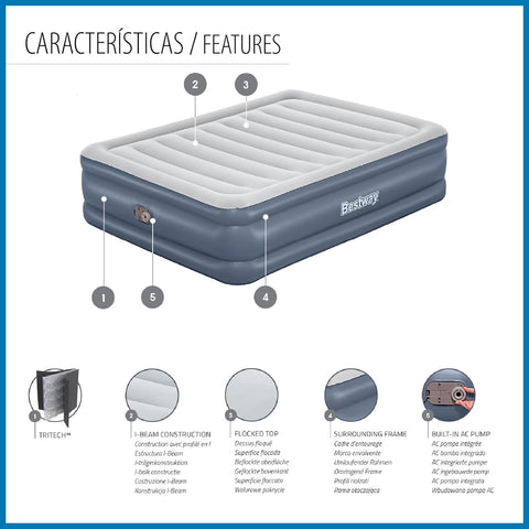 Bestway Tritech Queen Airbed With Built-in AC Pump 203x152x51cm