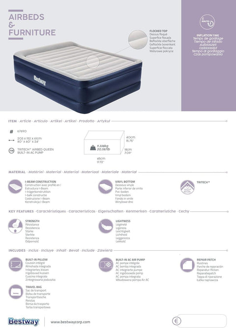 Bestway Tritech Queen Airbed With Built-in AC Pump 203x152x61cm