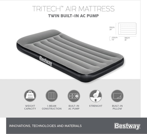 Bestway Tritech Twin Airbed With Built-in AC Pump 188x99x30cm