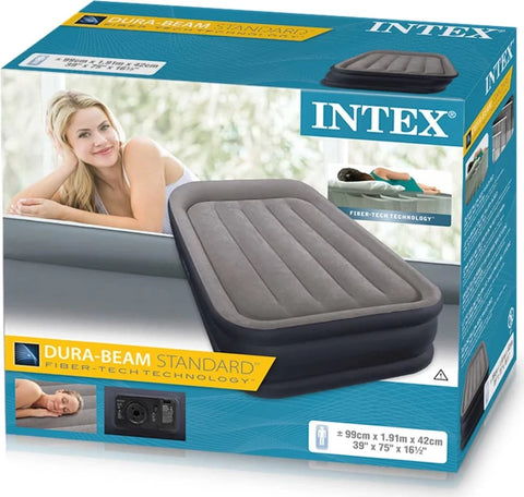 Intex Twin Deluxe Pillow Rest Airbed Fiber-Tech with Built-In-Pump 191x99x42cm