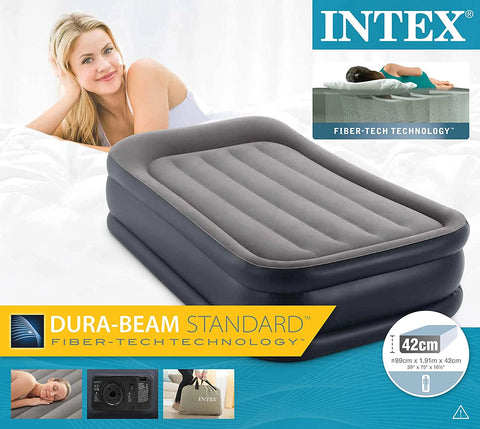 Intex Twin Deluxe Pillow Rest Airbed Fiber-Tech with Built-In-Pump 191x99x42cm