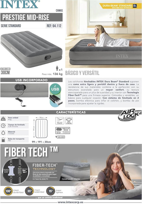 Intex Twin Dura-Beam Prestige Airbed With Fastfill USB Pump 191x99x30cm