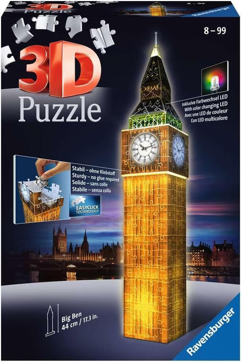 3D Puzzle, Big Ben Night Edition with LED Lights, 216 Pieces