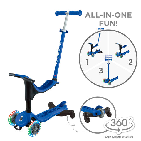 Globber GO•UP Sporty Lights 360 Scooter With Seat Deep Blue 1-7 Years