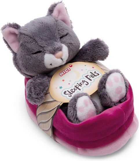 Nici Soft Sleeping Pets Grey Cat 12cm in Light Pink Basket