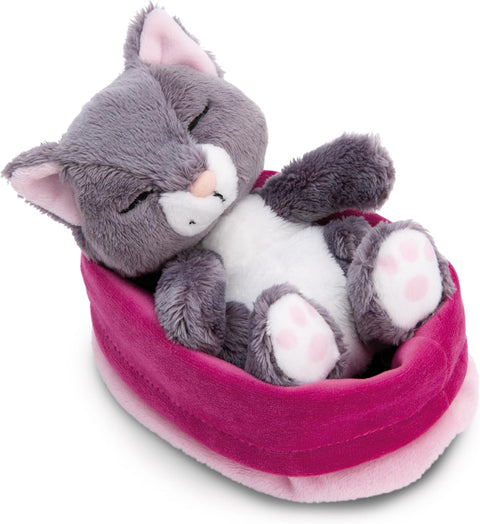 Nici Soft Sleeping Pets Grey Cat 12cm in Light Pink Basket