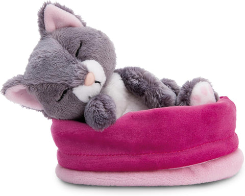 Nici Soft Sleeping Pets Grey Cat 12cm in Light Pink Basket