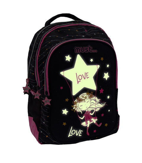 Must Star Love Glow In The Dark 3 Compartments Trolley Backpack 45cm