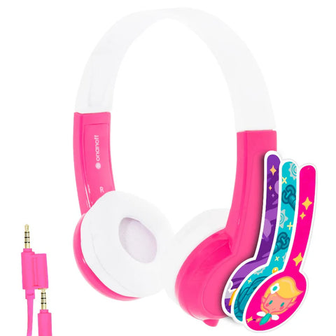 BuddyPhones Explore Super Durable Foldable Wired Kids Headphones with Stickers Pink